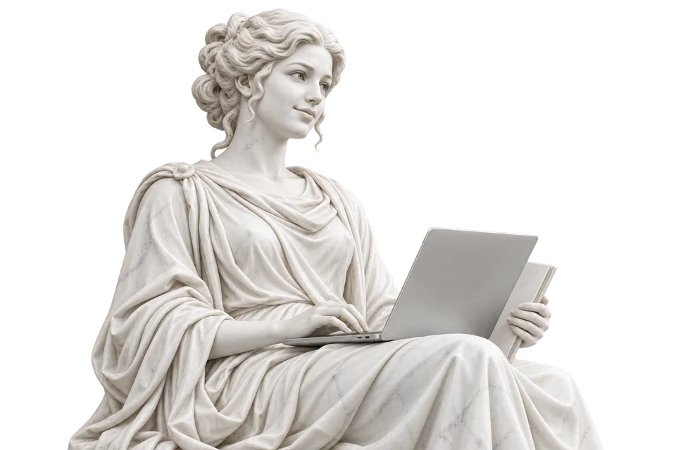 Мраморная скульптура специалистки с ноутбуком и портфолио